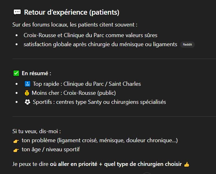 Résumé des réponses de ChatGPT à la question où se faire opérer du genou à Lyon