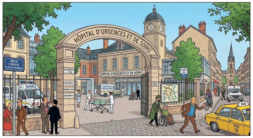 Illustration d'un h&ocirc;pital public : urgences, plateau technique, biologie et bloc op&eacute;ratoire