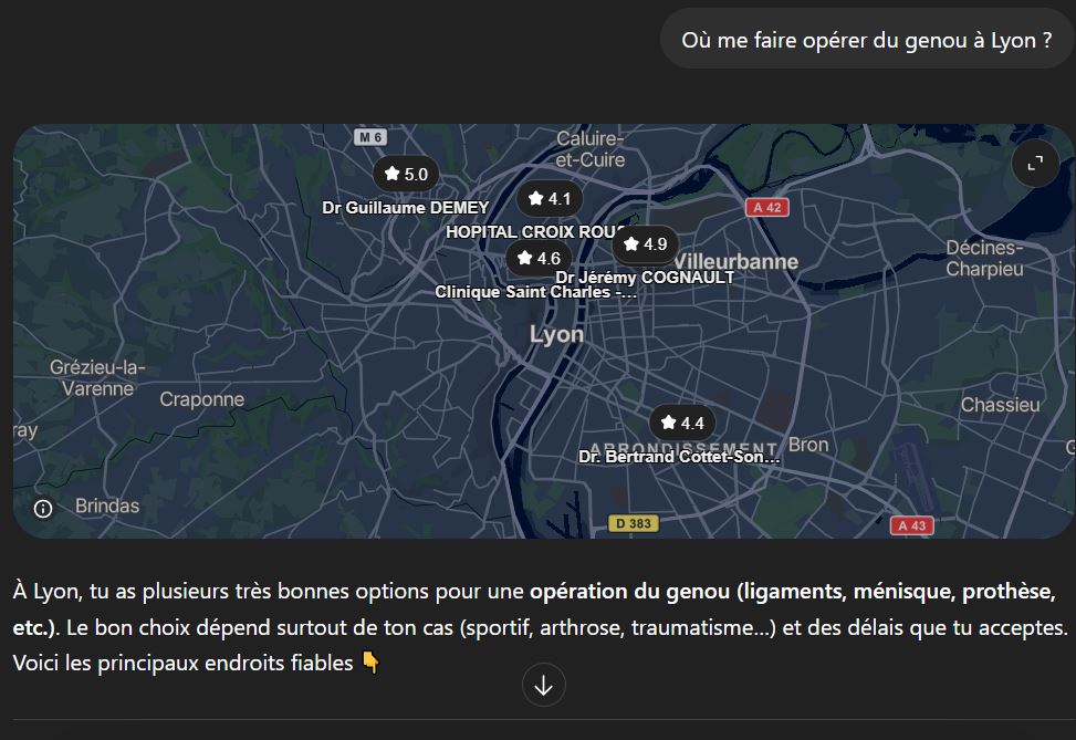 Capture d'écran de la réponse de ChatGPT à la requête 'où se faire opérer du genou à Lyon' montrant les cliniques citées avec carte Google Maps