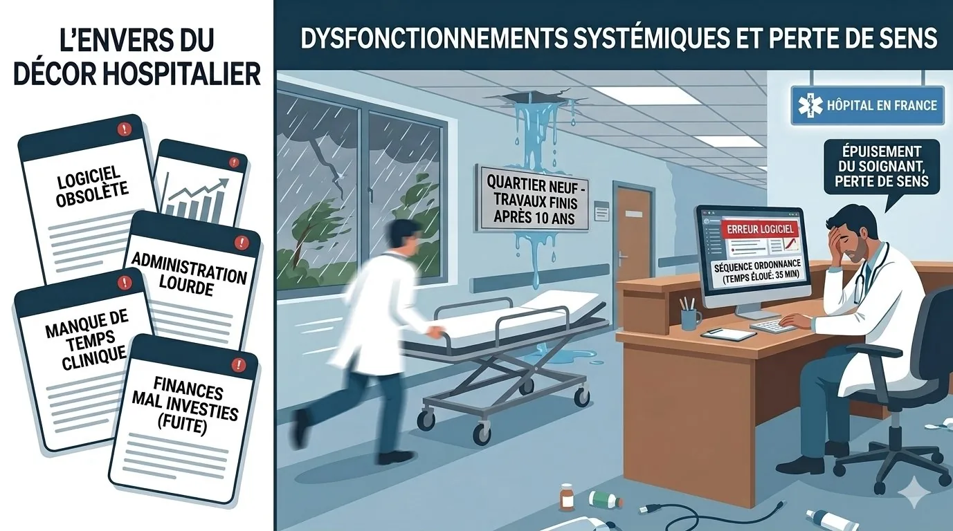 Médecin hospitalier épuisé devant une erreur logiciel — dysfonctionnements systémiques et perte de sens à l'hôpital en France